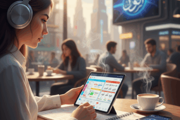 A focused professional woman wearing silver headphones, studying Arabic on a tablet in a busy, sunlit cafe. She has handwritten notes (PDF format) and a phone showing an audio player on the table, illustrating the distraction-free custom audio method to learn Arabic fast.